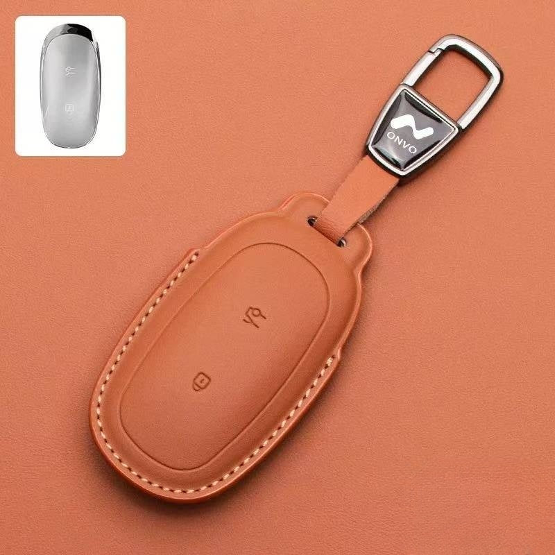 Leather Car Key Case Car Keychain for Onvo L60 - Evoevs